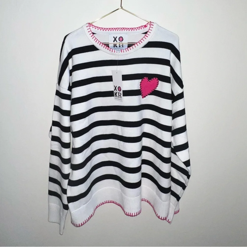 XO KR Women's‎ Striped Sweater with Pink Heart patchwork medium valentines